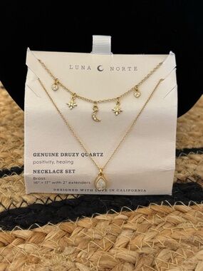 Luna Norte Gold Layered Charm Necklace and Druzy Quartz Necklace Set